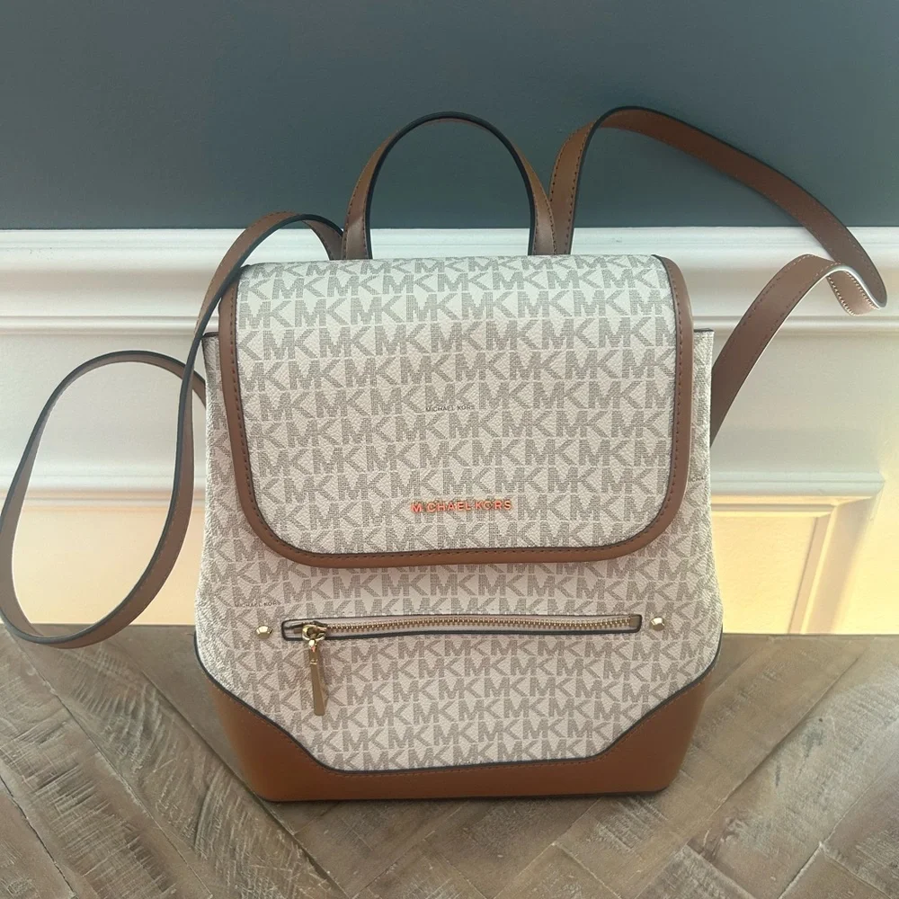Michael Kors Beige Logo Convertible Backpack with Brown Trim